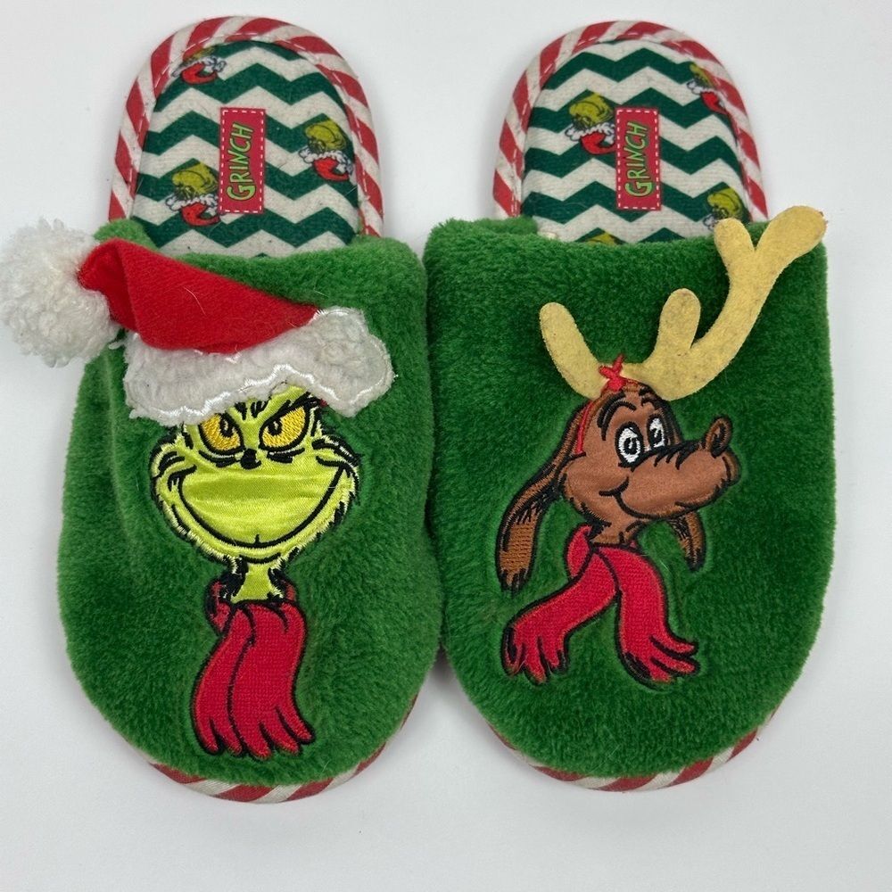Kids Unisex Grinch Holiday Slide Slippers with 3D Hat & Antlers